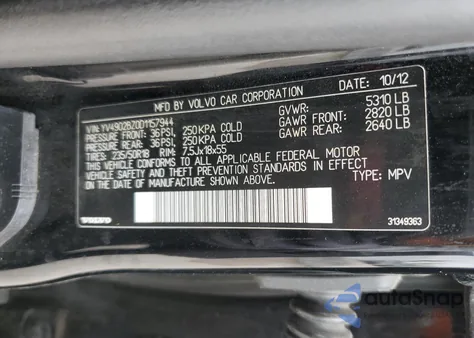 2013 Volvo Xc70 T6 z USA, uszkodzony, nr VIN YV4902BZ0D1157944